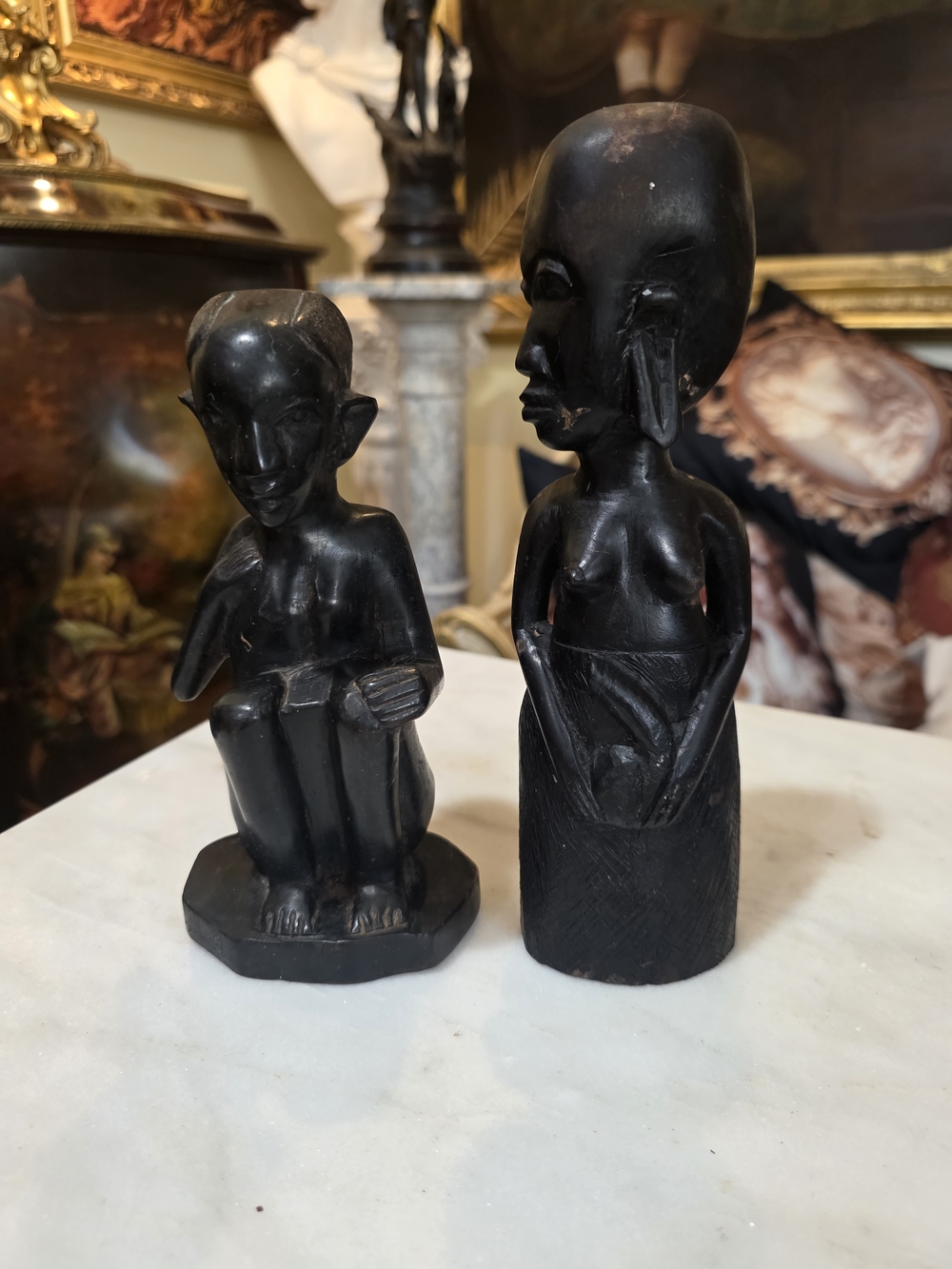 Hand-Carved Black Wooden Figurines - Pair